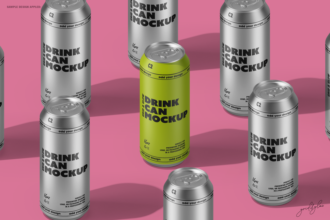 Drink Can Mockup – Top View of Lime Can Among Silver Cans