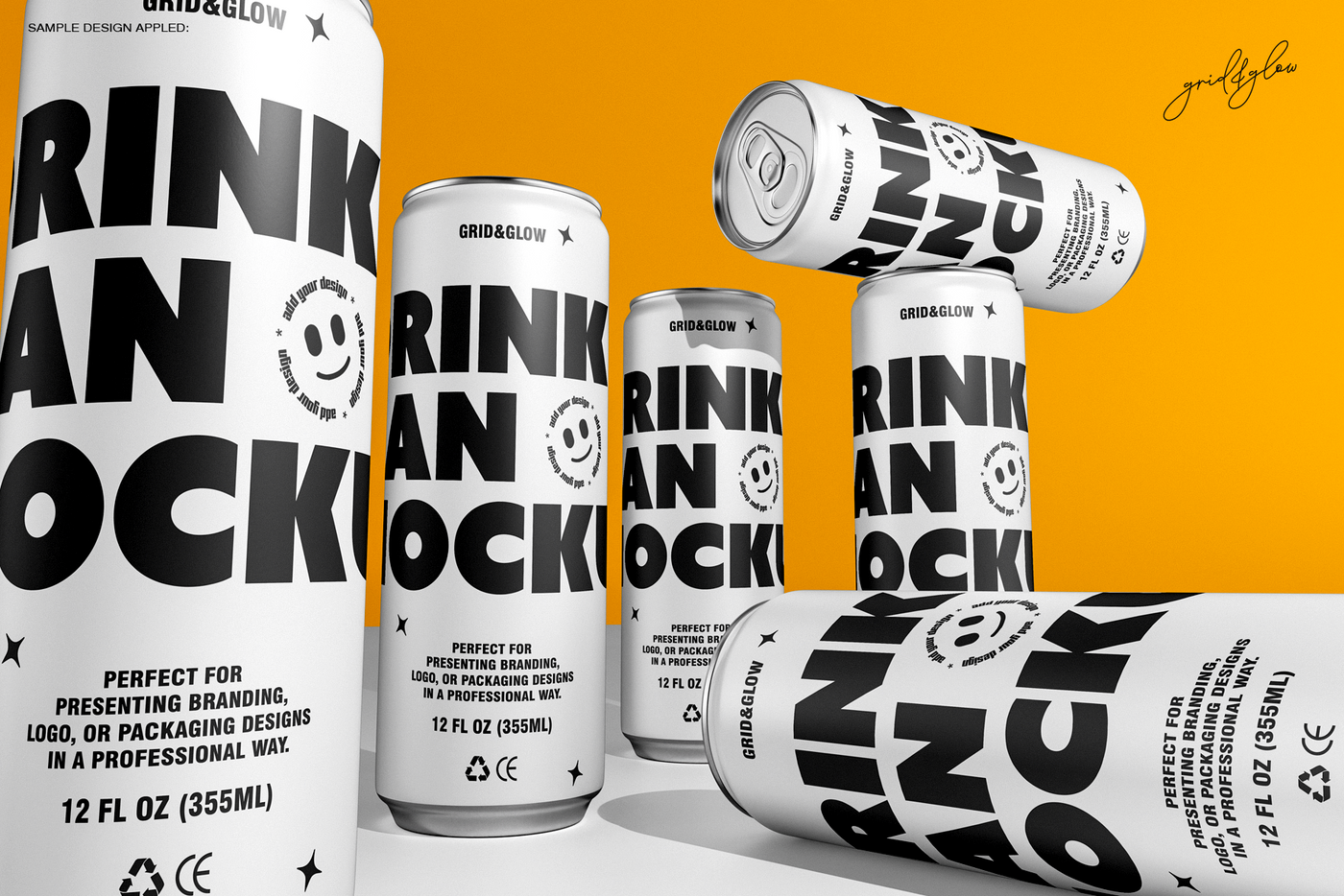 Drink can mockup set 12oz 355ml with multiple cans in silver on orange background