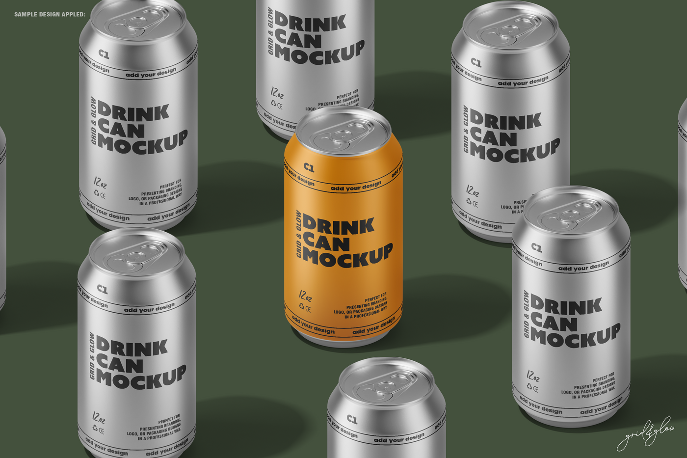 Drink Can Mockup – Top View of Orange Can Among Silver Cans on Dark Green Background