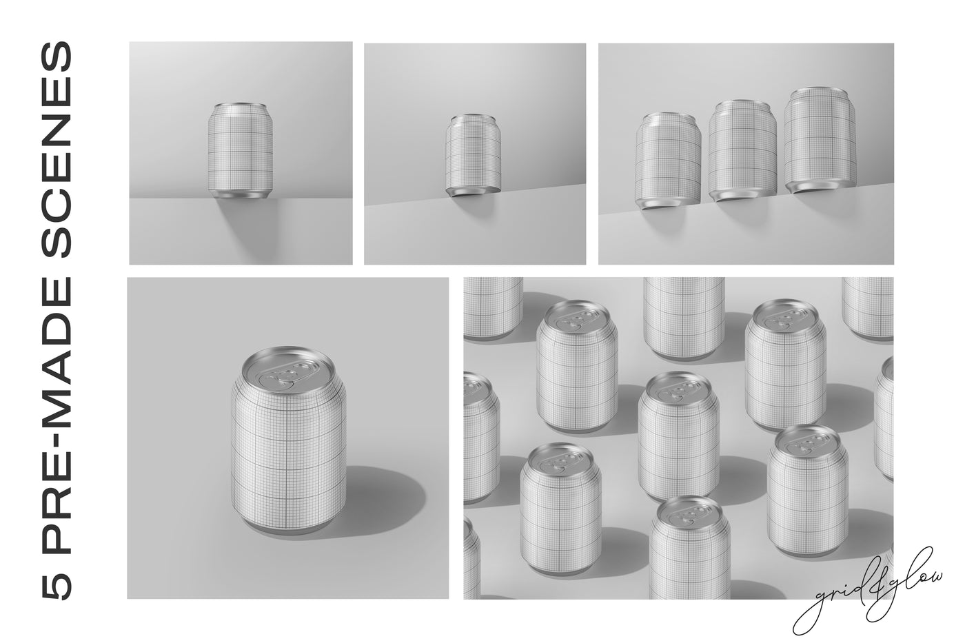 Drink Can Mockup – Wireframe Grid Previews of 5 Premade Scenes
