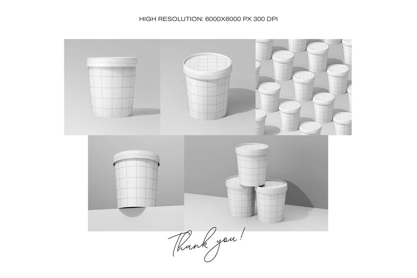 Wireframe render of all 12oz ice cream cup mockup angles, showing technical modeling views and layout.