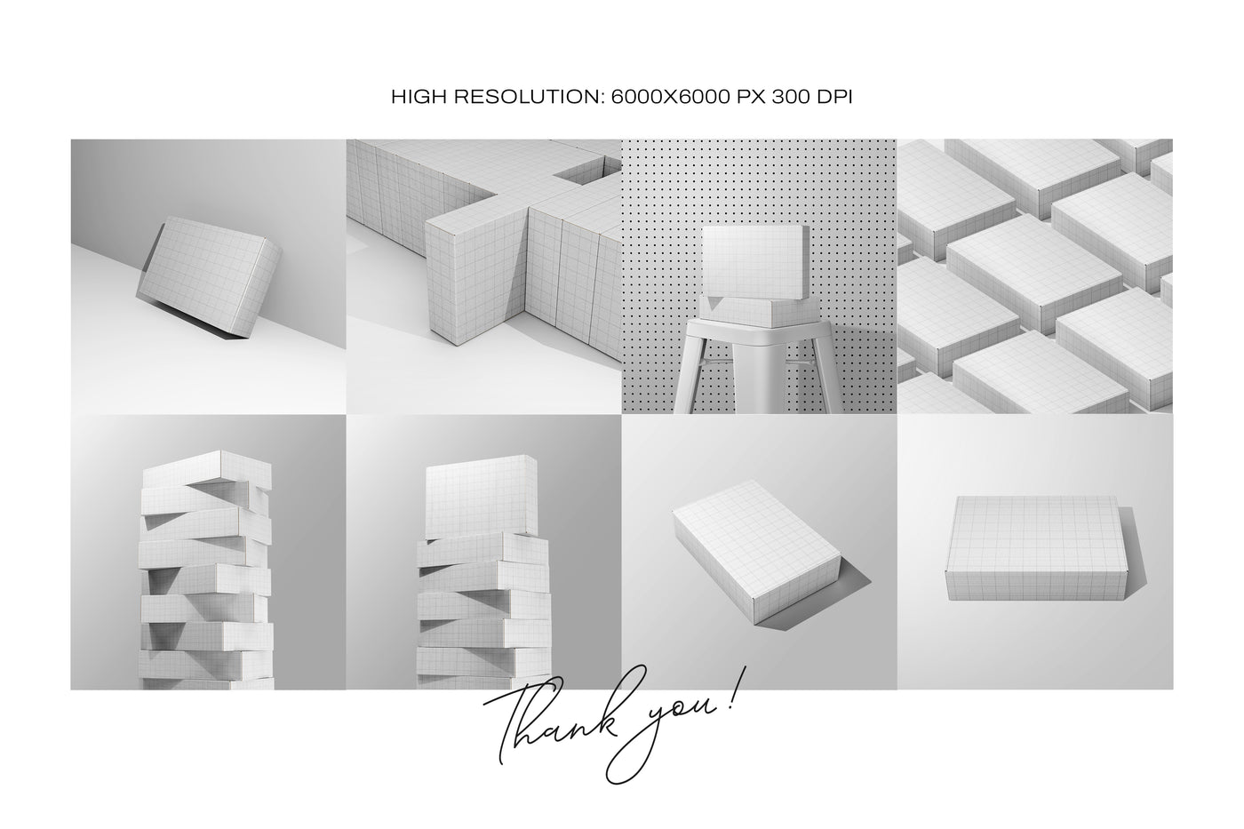 Collage of white geometric shapes on a light gray background with 'Thank you!' text.