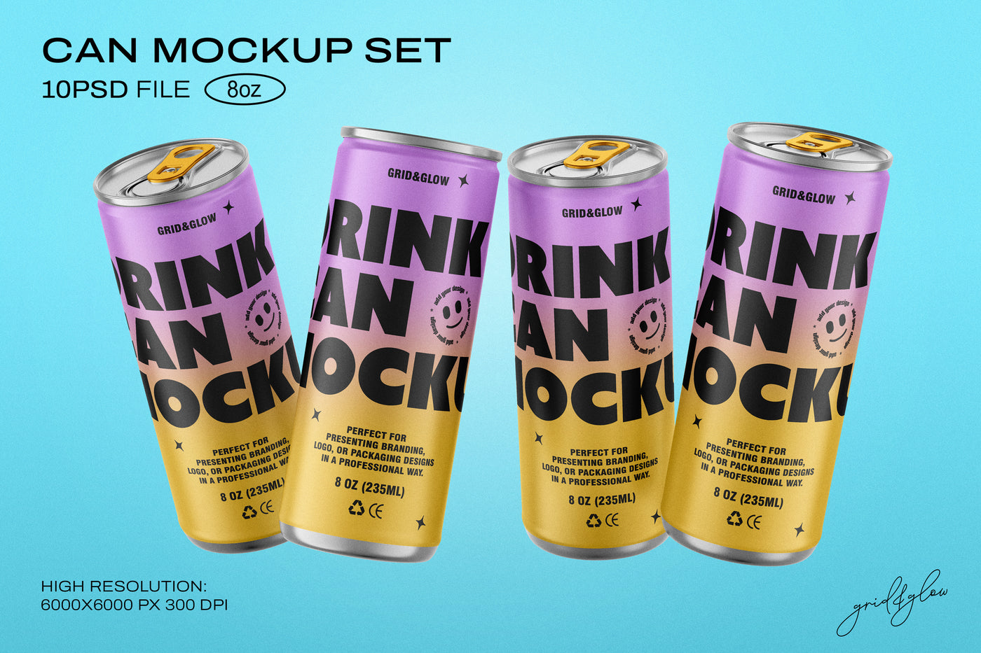 Drink Can Mockup - 8oz / 235ml on a light blue background