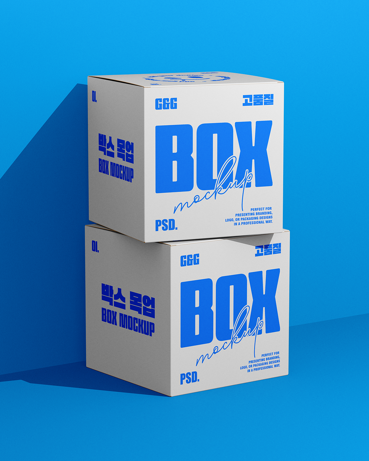 Square box mockup front view of two stacked boxes with editable label design