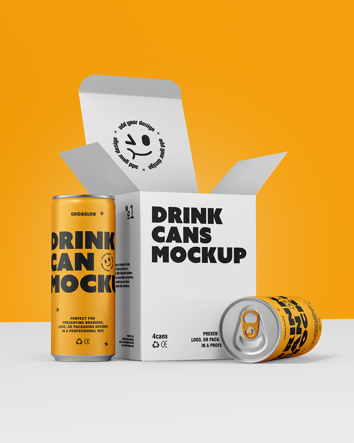 Drink can and box mockup four-pack in gold with open box and multiple cans