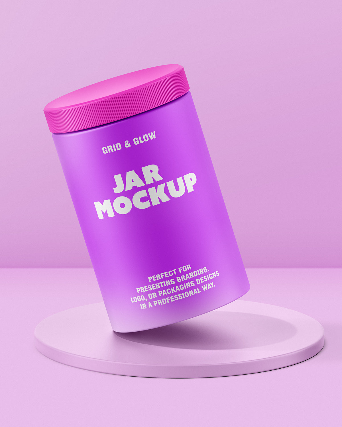 Plastic jar mockup displayed at angle on circular podium