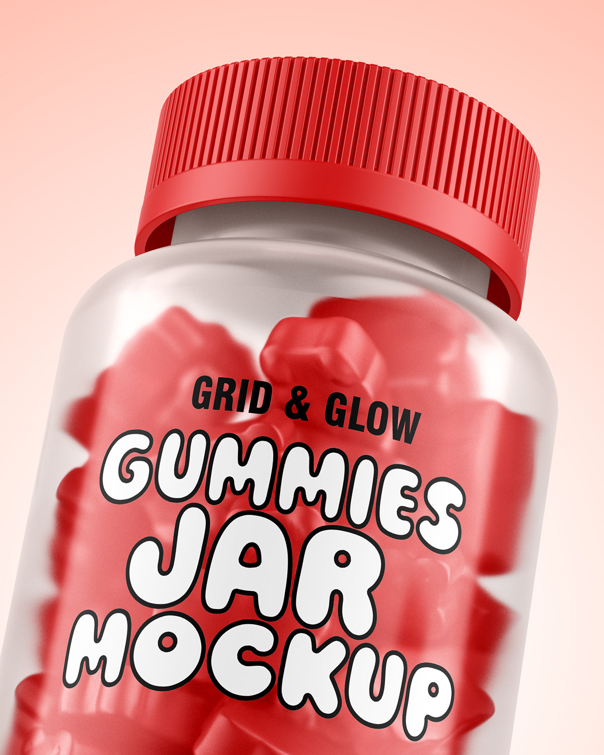 Gummies jar mockup with red gummy bears floating on coral background macro