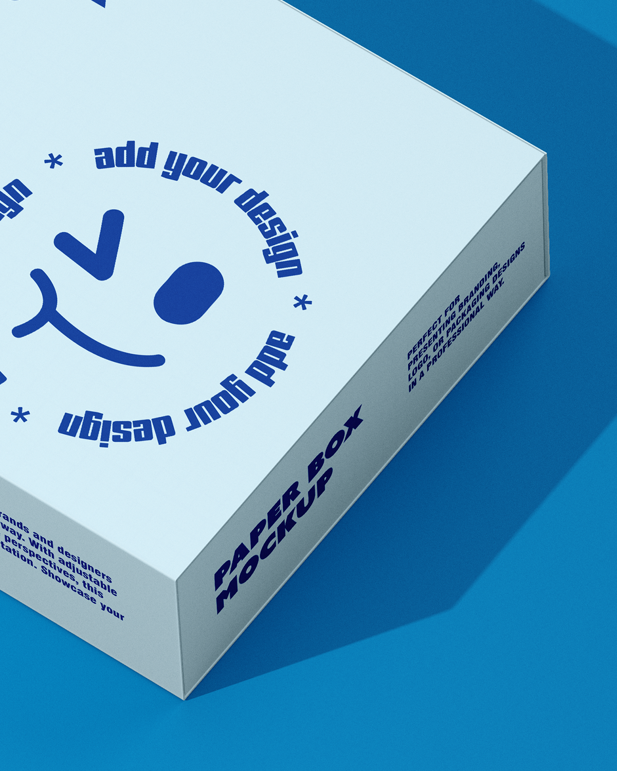 Paper box mockup high angle view with custom branding on blue background macro