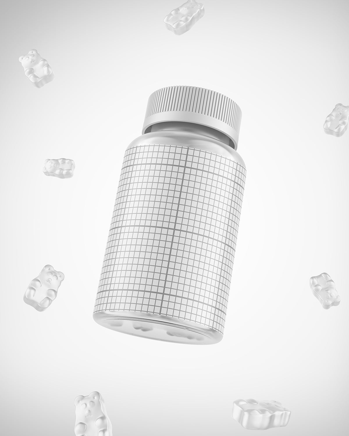 Gummies jar mockup with red gummy bears floating on coral background grid