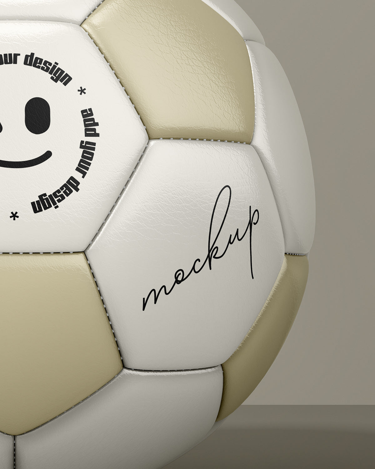 Soccer ball mockup with gold and white panels in front view on beige background macro