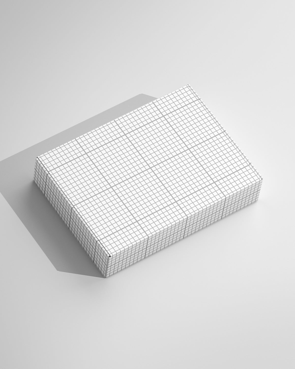 Paper box mockup in white with angled perspective on beige background grid