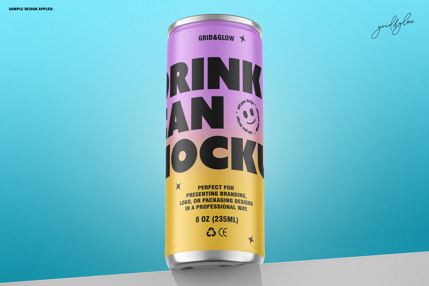Drink Can Mockup - 8oz / 235ml on a blue background