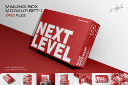 Red 'Next Level' box mockup on a gradient background with additional views below.