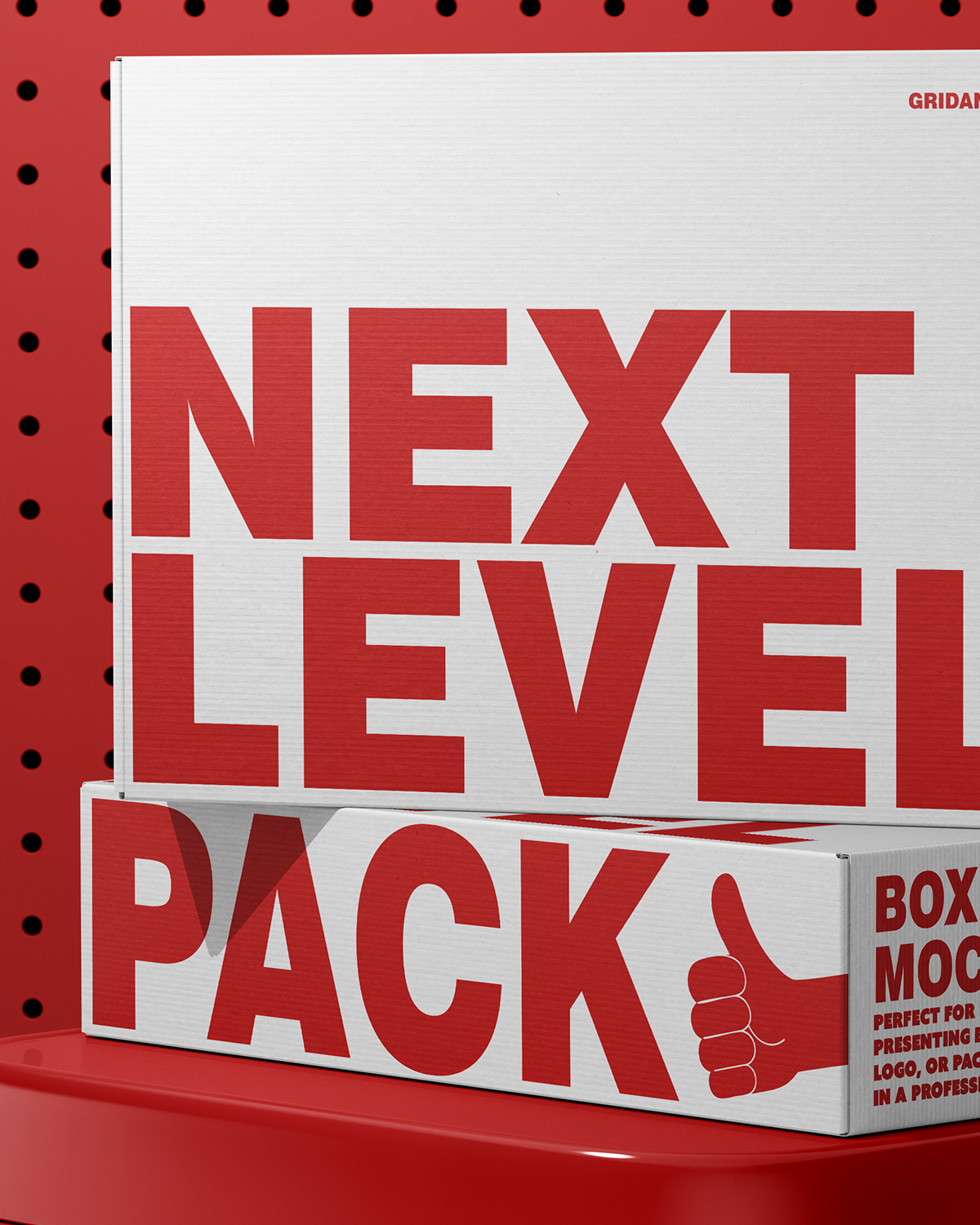 Red and white packaging boxes with 'Next Level Pack' text on a red background