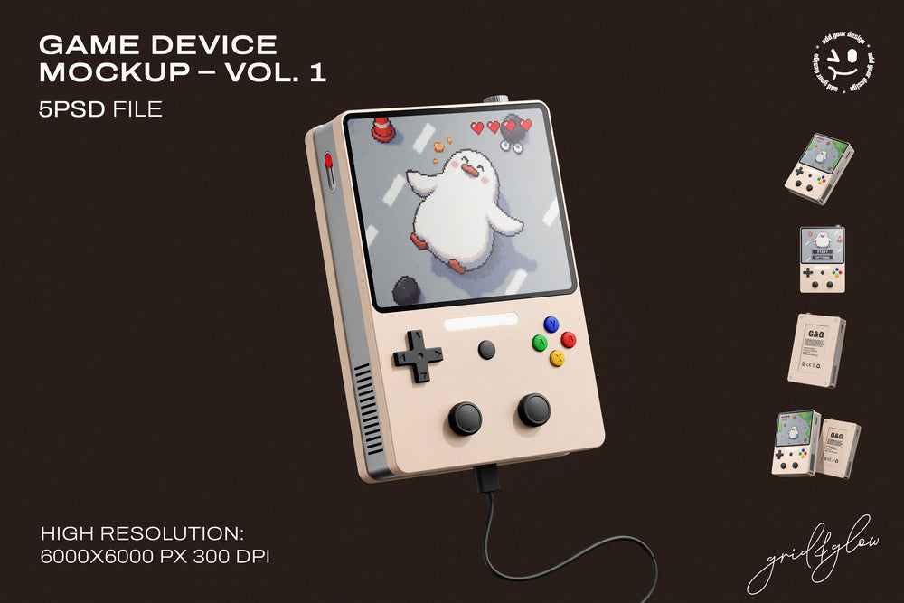 Retro-style game console mockup with a pixel penguin character on screen and visible cable.