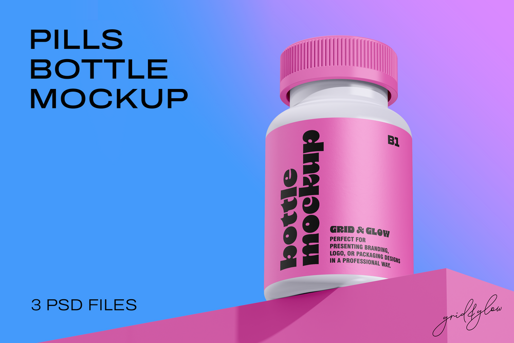 Pills Bottle Mockup – Angled Front Composition with Gradient Background