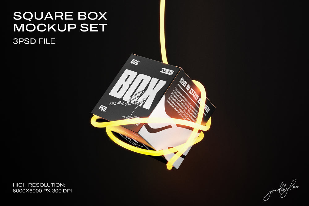 Square box mockup suspended with a glowing yellow neon cable on dark background