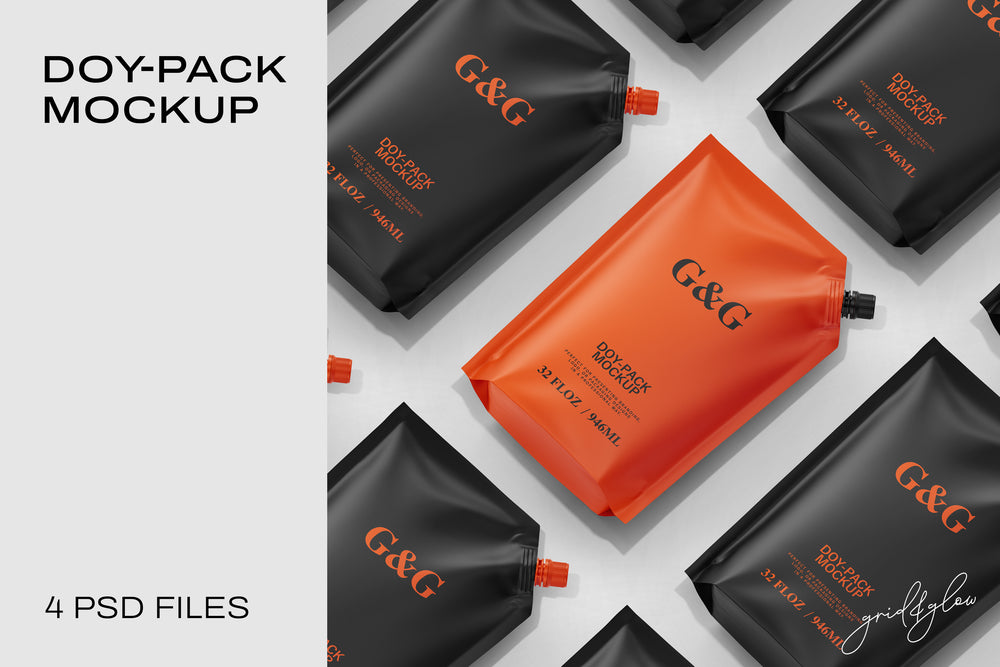 Doy-Pack Mockup – Flat Lay of Orange and Black Pouches with Spouts on White Background
