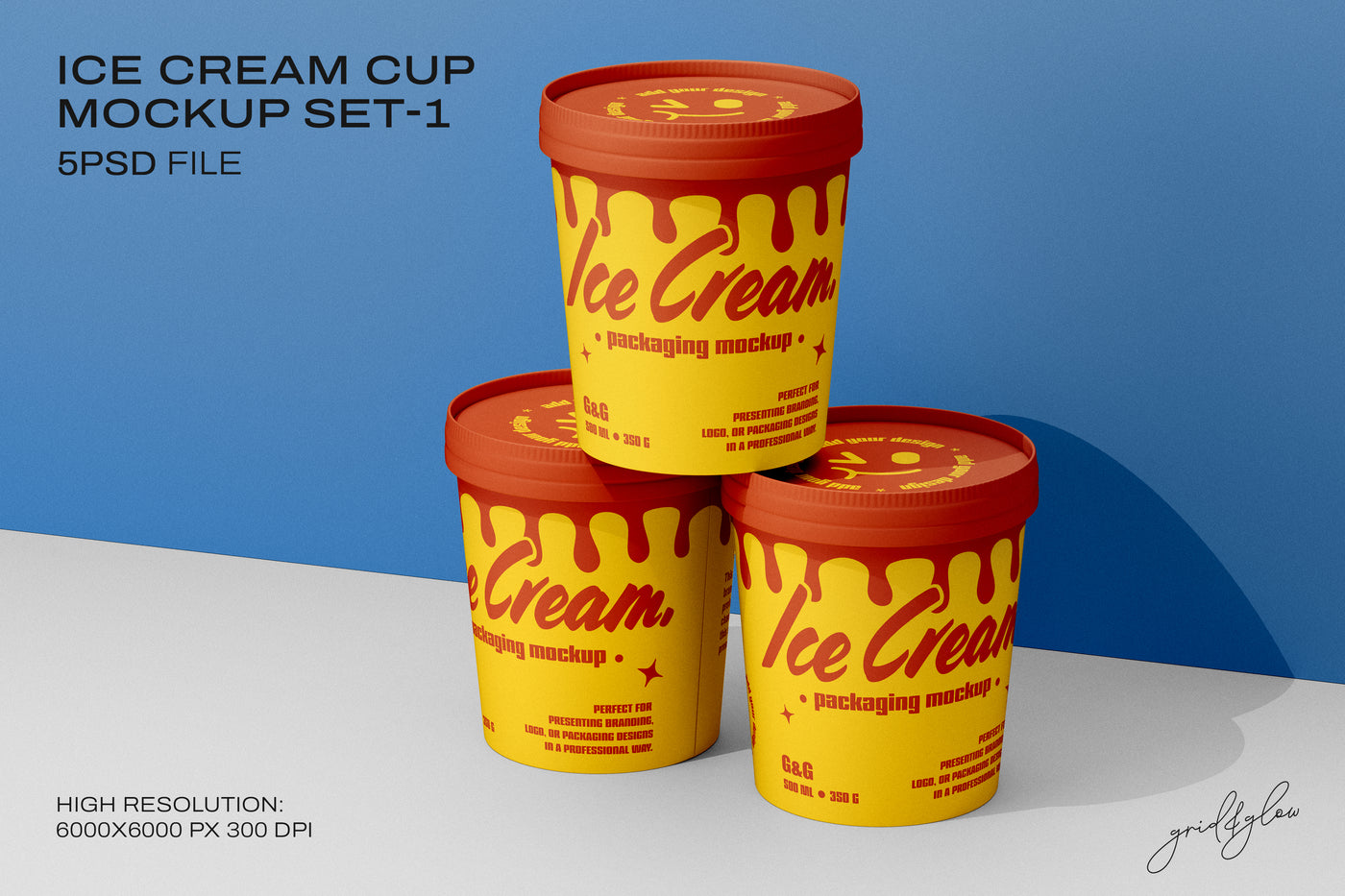 Three 12oz ice cream cups stacked on a flat surface with blue background, showcasing front branding and lid design.