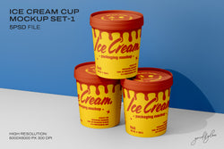 Three 12oz ice cream cups stacked on a flat surface with blue background, showcasing front branding and lid design.