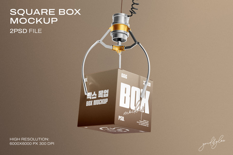 Square Box Mockup - Hanging Claw Scene