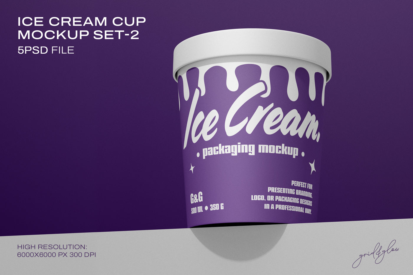 Ice Cream Cup Mockup Set – 5 PSD Templates for Packaging and Branding – 350g Ice Cream Container on Purple Background by Grid & Glow