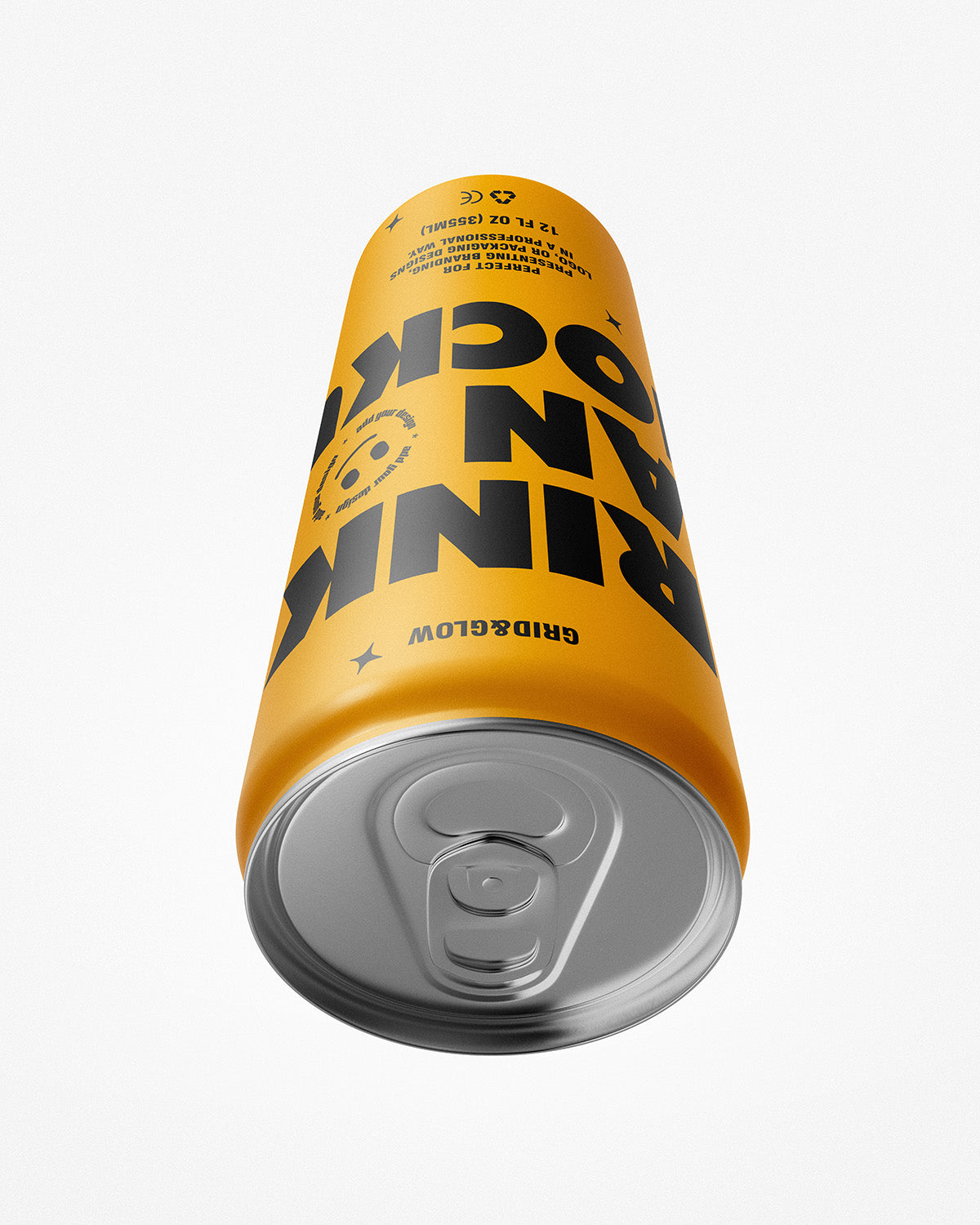 Drink can mockup 12oz 355ml in silver color with top angled view showing pull-tab