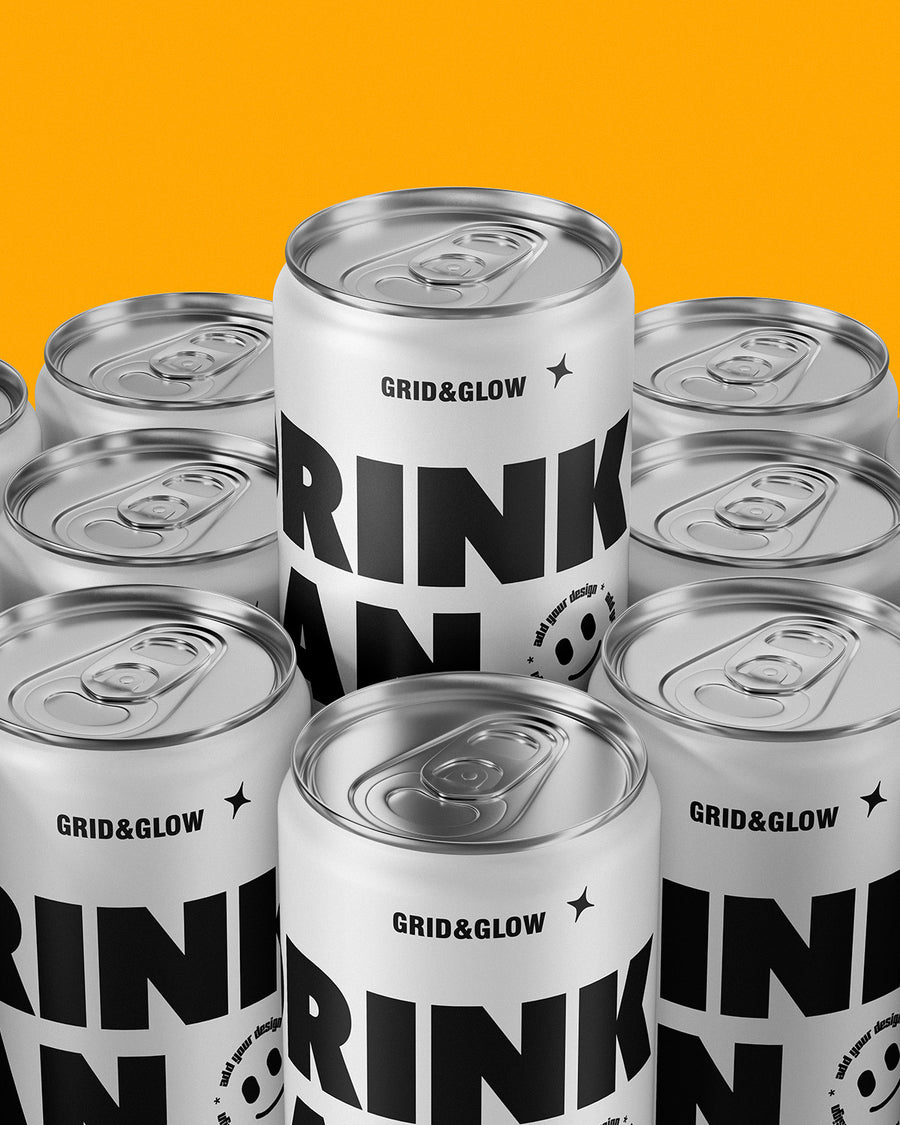 Drink can mockup 12oz 355ml in silver with stacked arrangement on orange background