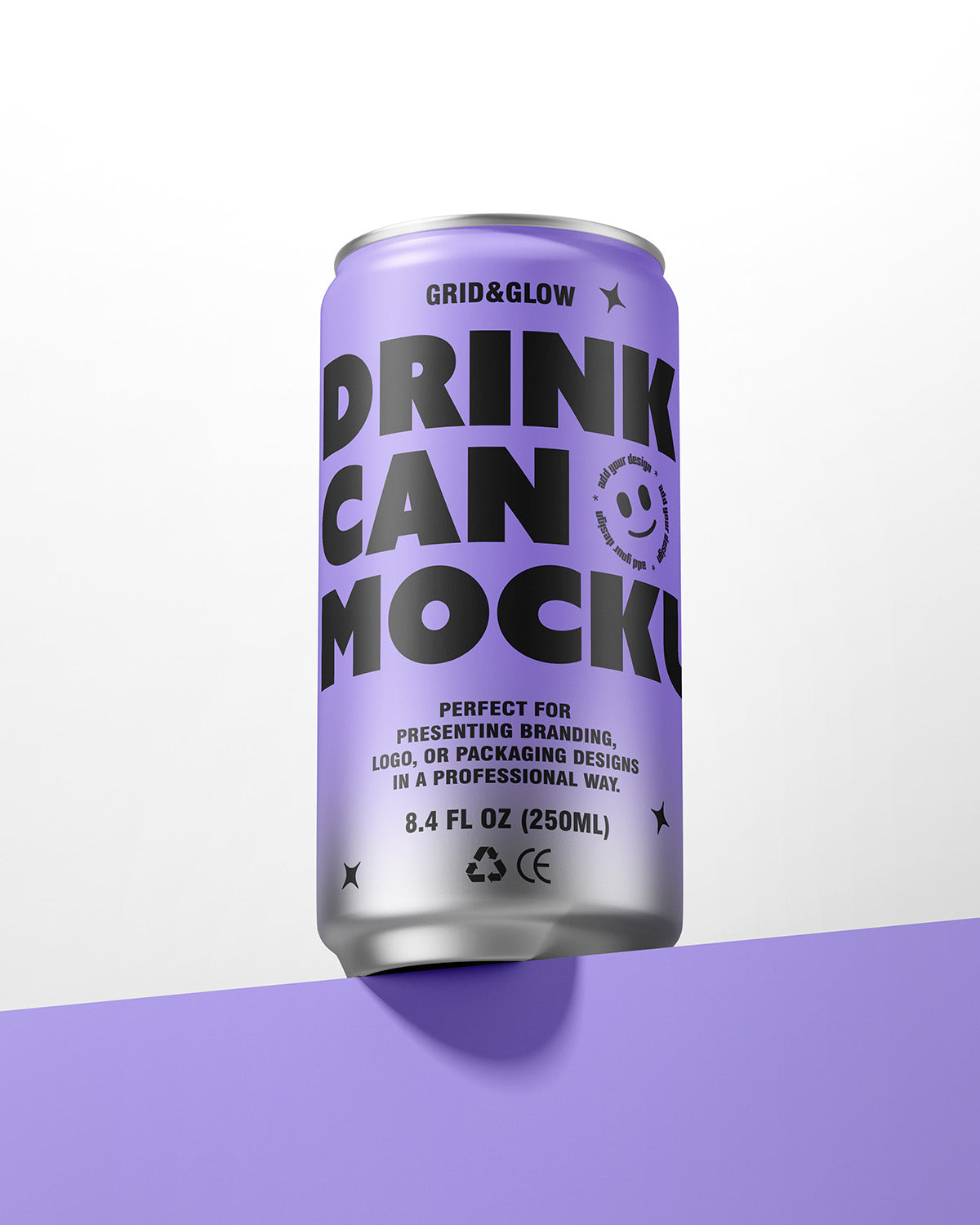 Sleek Can Mockup showcasing a purple beverage can with branding design for 8.4oz / 250ml drinks.