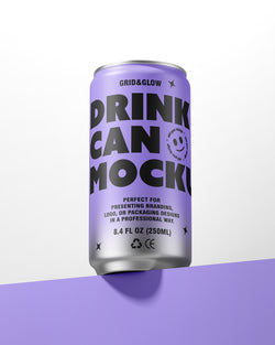 Sleek Can Mockup showcasing a purple beverage can with branding design for 8.4oz / 250ml drinks.