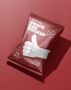 Snack bag mockup with a red background