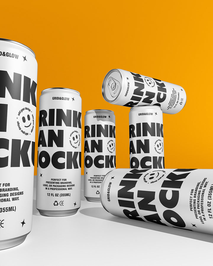 Drink can mockup 12oz 355ml with multiple cans in silver on orange background