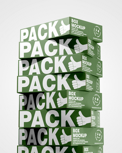 Stack of green packaging boxes with 'Pack' text and hand icon on a light gray background