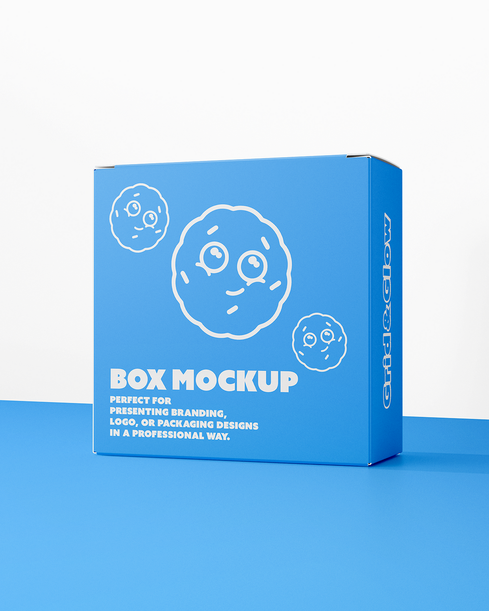 Blue box mockup with white text and graphics on a blue background