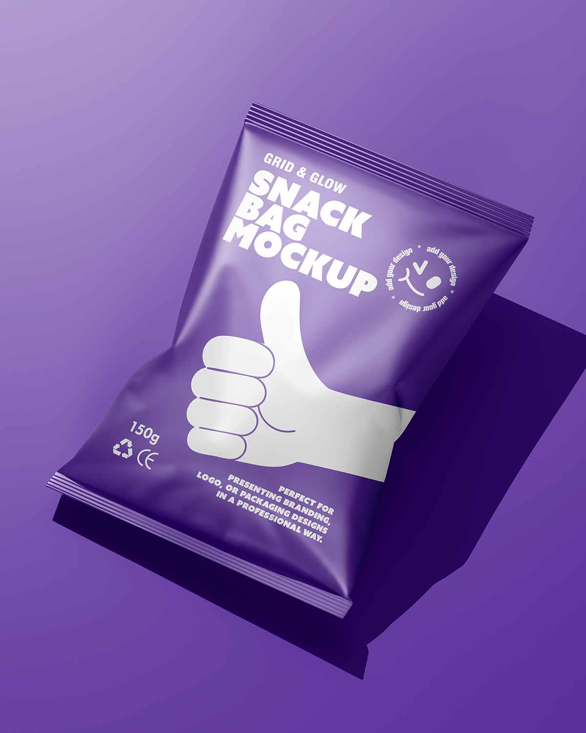 Purple snack bag mockup with a white hand giving a thumbs up on a purple background