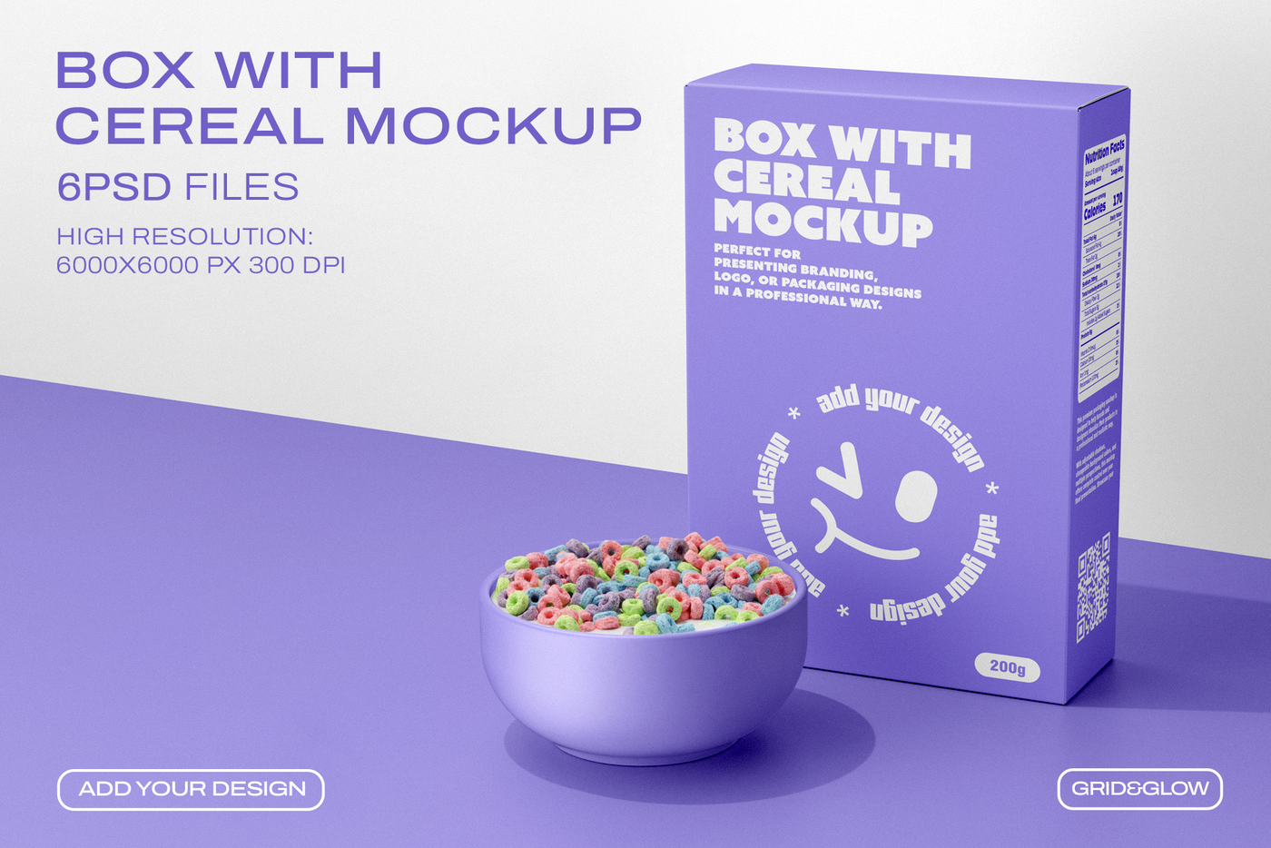 Cereal box mockup in purple with bowl of colorful cereal showing front and side panels
