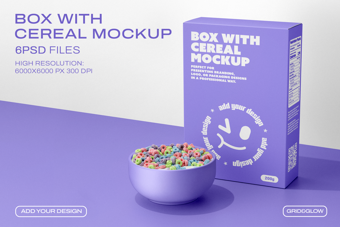Cereal box mockup in purple with bowl of colorful cereal showing front and side panels
