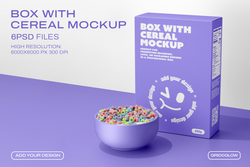 Cereal box mockup in purple with bowl of colorful cereal showing front and side panels
