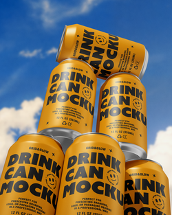 Stack of 'Drink Can Mockup' cans against a blue sky with clouds