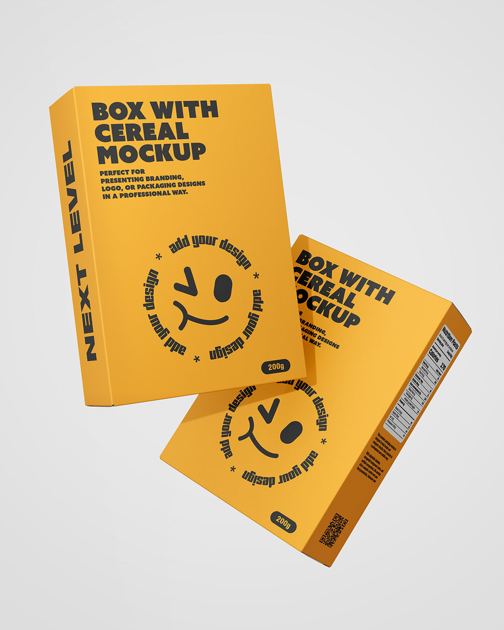Yellow cereal box mockup with smiley face design on a gray background
