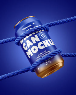 Drink can mockup 12oz 355ml in blue hanging on rope with tilted angle