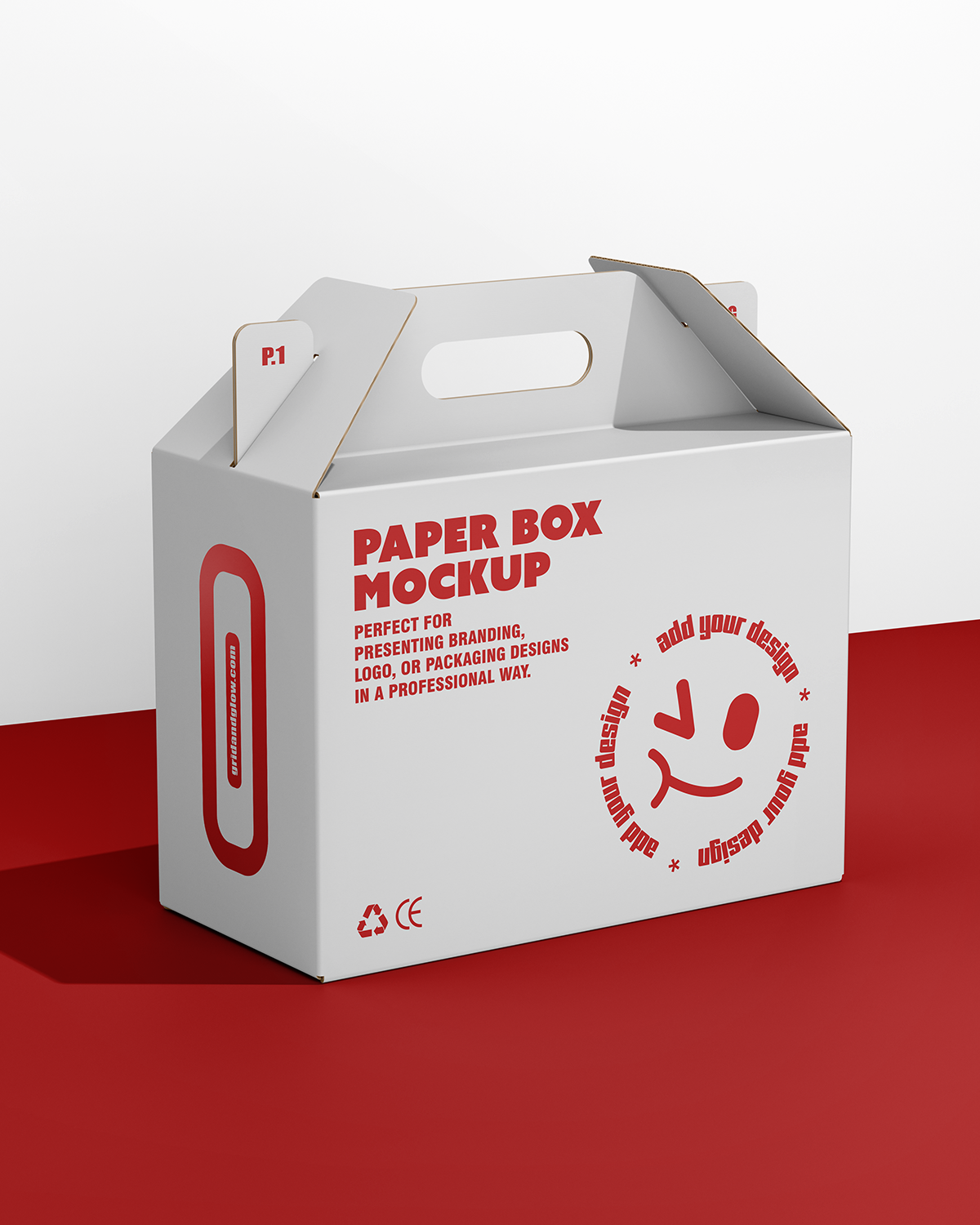 White paper box mockup with red text and design elements on a red and gray background