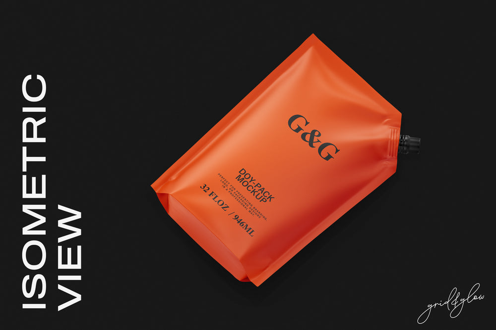 Doy-Pack Mockup – Isometric View of Orange Spouted Pouch on Black Background
