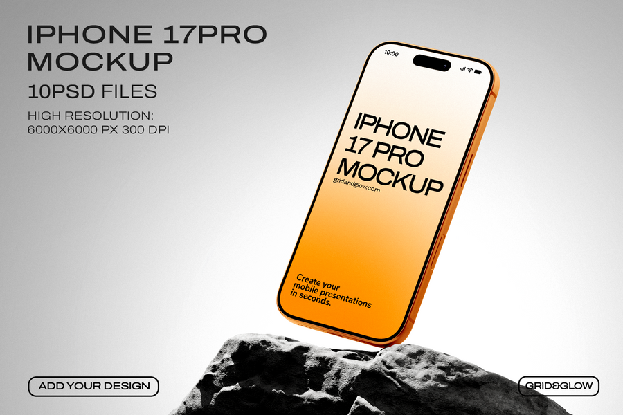 iPhone 17 Pro mockup in orange showing floating angle view with screen display