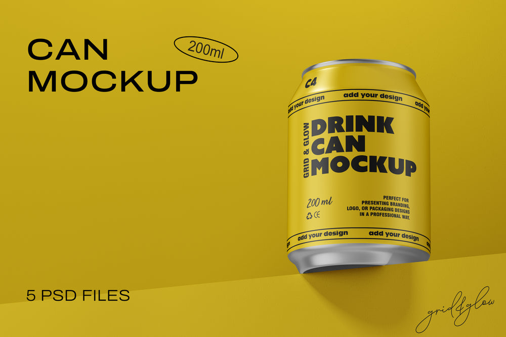 Drink Can Mockup – Single 200ml Can on Yellow Background with Shadow