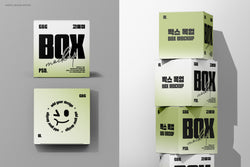 Flat lay of front and top views of box mockups alongside a tower of stacked green packaging boxes with modern typography.