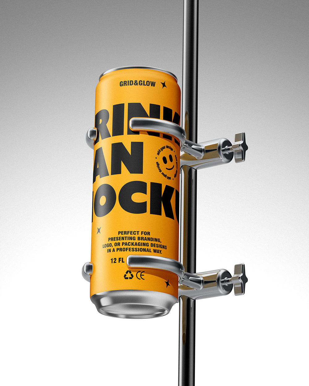 Drink can mockup 12oz 355ml in gold mounted on metal holder