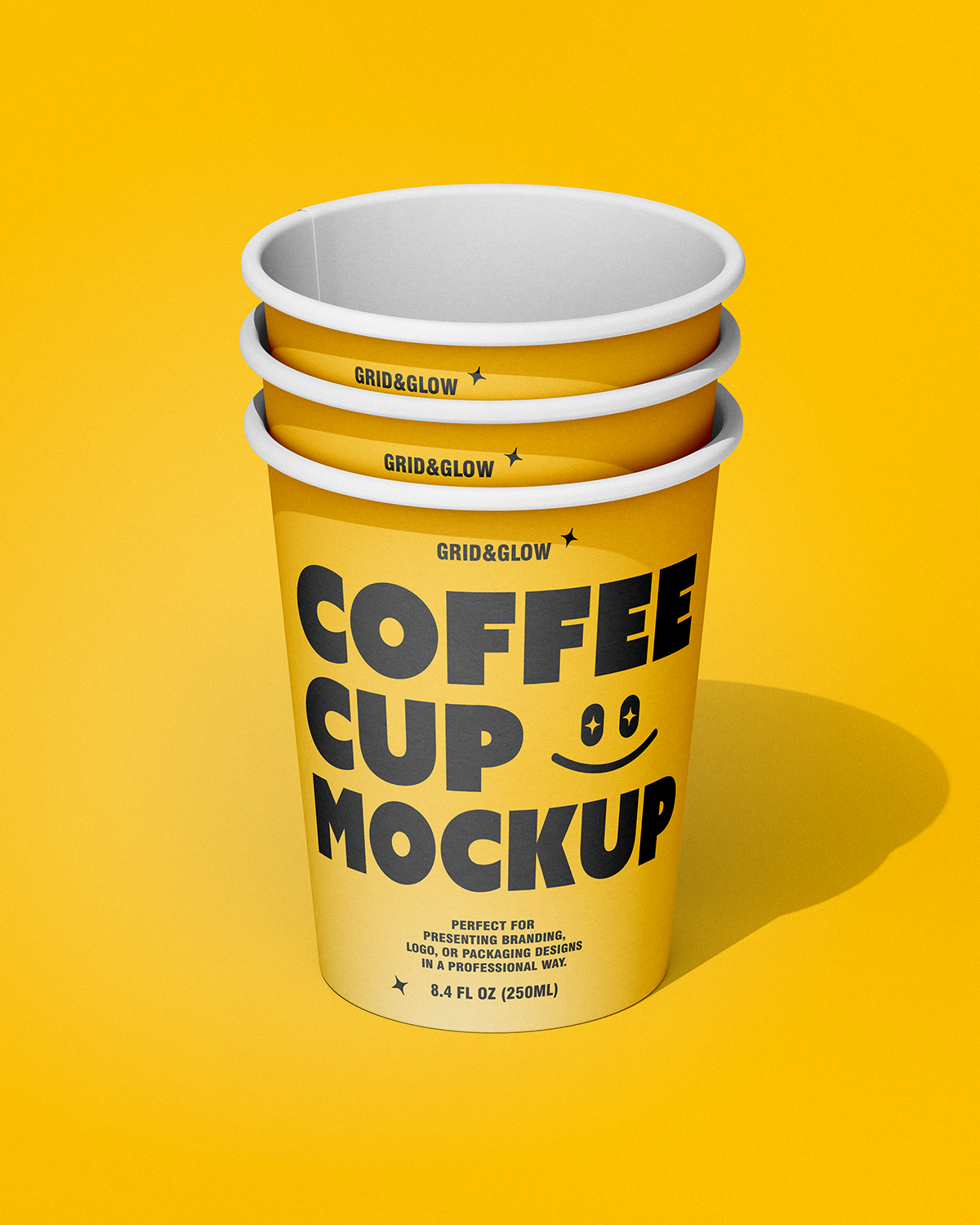 Stacked Coffee Cups Mockup on a yellow background