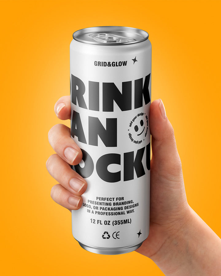 Drink can mockup 12oz 355ml held in hand on orange background