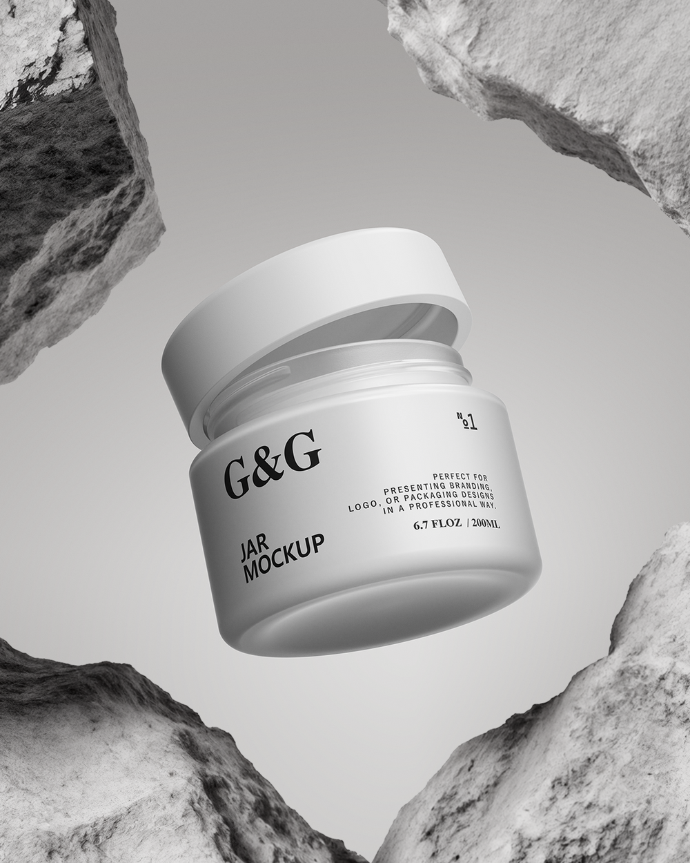 G&G jar mockup against a rocky background